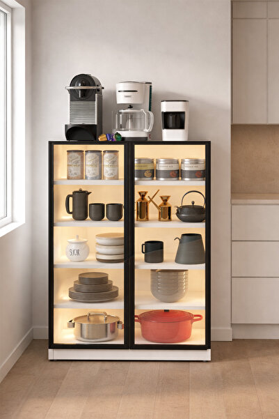 Avmpark Helen Mutfak Dolabı Çok Amaçlı Dolap 2 Temperli Cam Kapaklı Raflı Led...