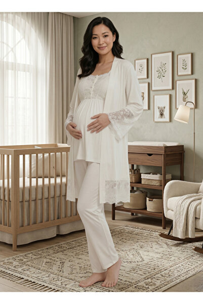 Pelin Kadın Ekru Dantelli 3'Lü Sabahlıklı Lohusa Hamile Pijama Takım Seti