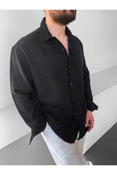 NO1 KONSEPT Cămașă neagră din muselină in cu mânecă lungă supradimensionat