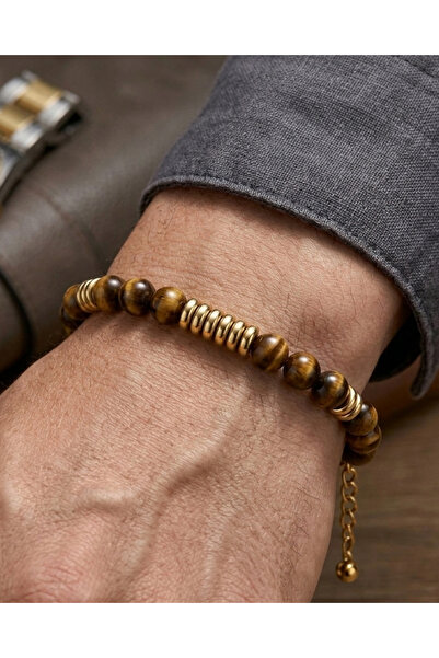 BHCL Tiger's Eye and Steel Men's Bracelet, Gift Natural Stone Men's Bracelet