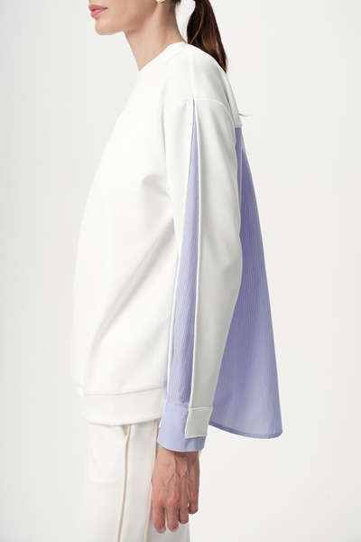 Allyco Knitted Ecru Blue Sweatshirt with Sleeve Shirt Detail