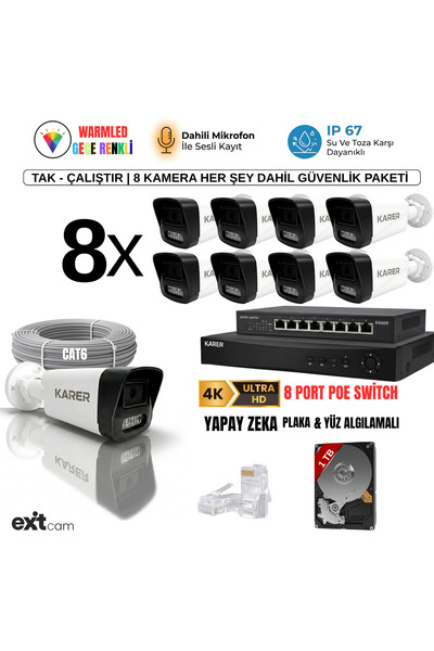 KARER 8'li IP- PRPFESYONEL-5MP-POELİ-SESLİ -Ultra HD 5MP IP Kamera -Yapay Zek...
