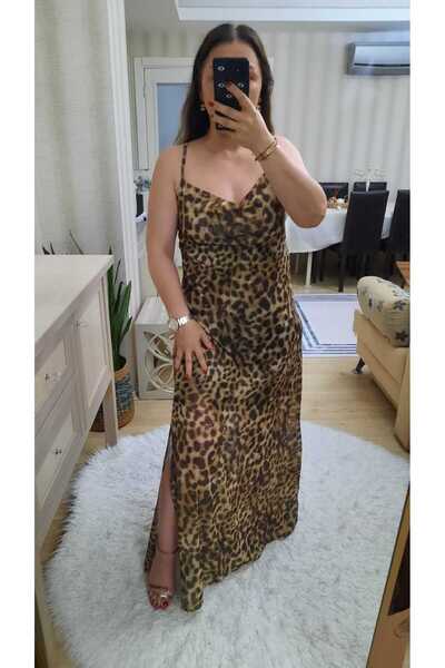 YELS BOUTIQUE LEOPAR SIRT ÇAPRAZ TÜL ELBİSE