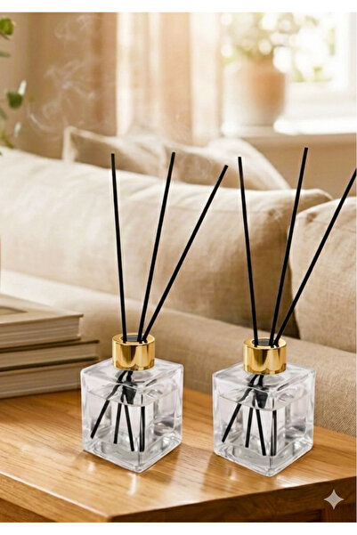 junibeliw 2 li Set Kare Cam Şişe Gold Kapaklı Fiber Bambu Çubuklu BOŞ Oda Kok...