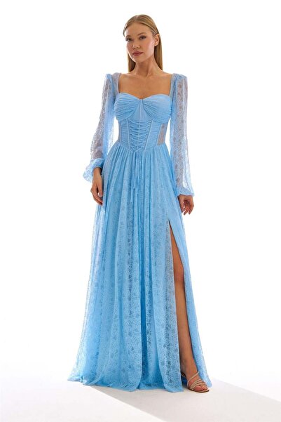 Elbisemhazır Kruvaze Yaka Dantelli ve Modern Korse Detaylı Yırtmaçlı Kadın Ab...