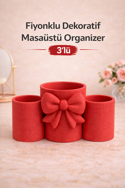 Sellor Fiyonklu 3'lü Masaüstü Organizer 16x16 cm PLA Makyaj Fırça Kutusu & Ka...