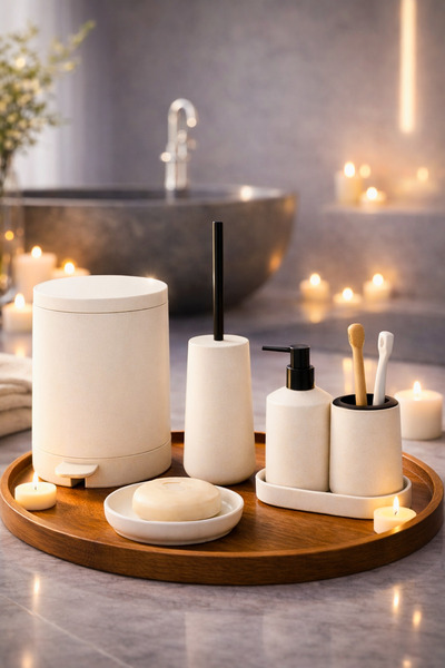 Kezze Verona 6 Parça Lüks Banyo Seti Krem Renk - Sabunluk, Diş Fırçalık, Sıvı...