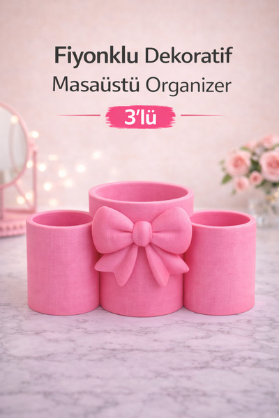 Sellor Fiyonklu 3'lü Masaüstü Organizer 16x16 cm PLA Makyaj Fırça Kutusu & Ka...