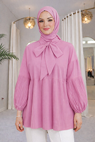 bellura Bağcıklı Kolları ve Eteği Pliseli Tunik