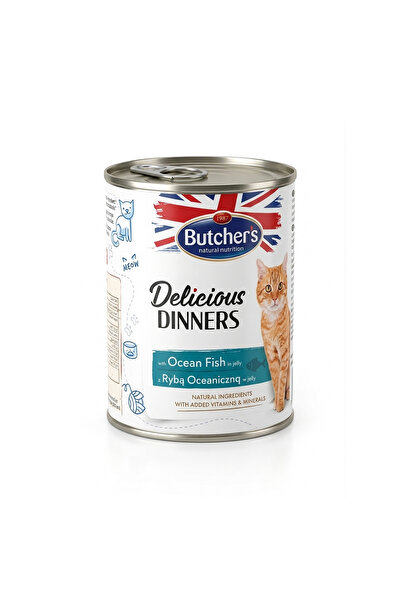 Butcher's طعام رطب للقطط من ديليشس دينرز - سمك المحيط في الجيلي، علبة 400 جرام