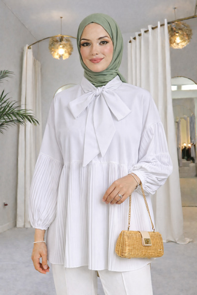 bellura Bağcıklı Kolları ve Eteği Pliseli Tunik