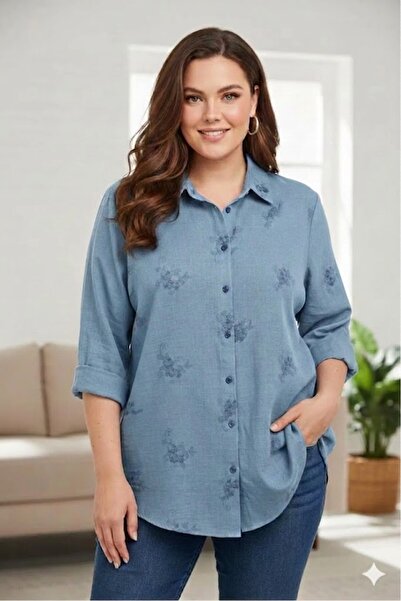 elma abone BÜYÜK BEDEN KADIN İŞLİ KETEN GÖMLEK