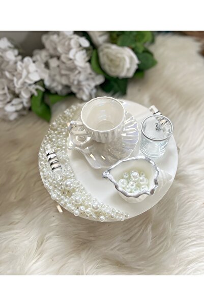 RESİNARTSHOP Epoksi tepsi yarımay incili damat tepsisi seti 4 parça gümüş