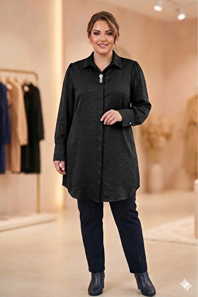 elma abone Plus Size Women's Satin Brooch Tunic Shirt