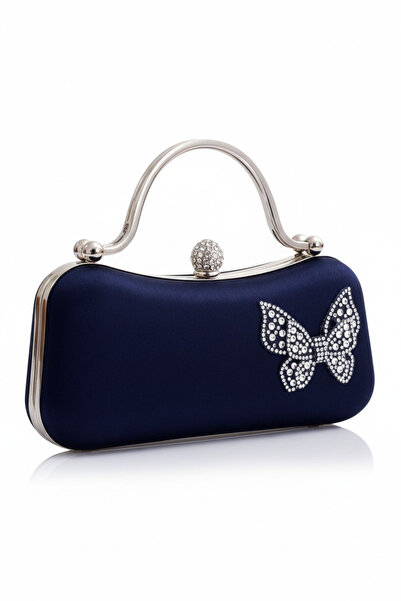 Famels Μπλε σατέν βραδινή τσάντα για φόρεμα με πέτρες ζιργκόν, κομψή τσάντα π...