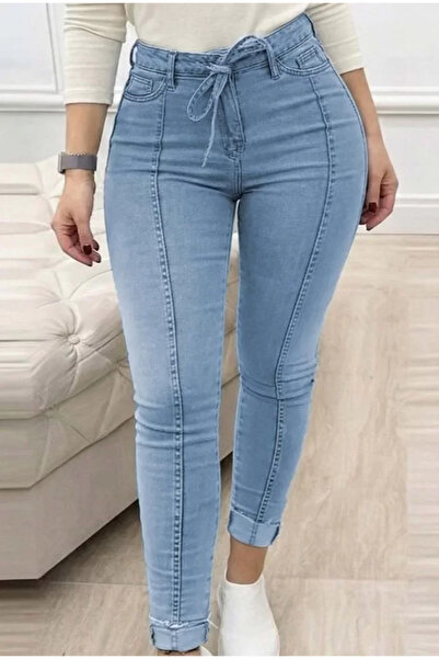 Kanonik Education Pantaloni de damă talie înaltă din denim cu talie înaltă, c...