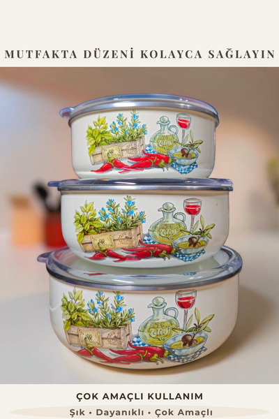 Emparlahome Enamel 3-Piece Storage Container Set with Lids (14-16-18 cm) Mult...