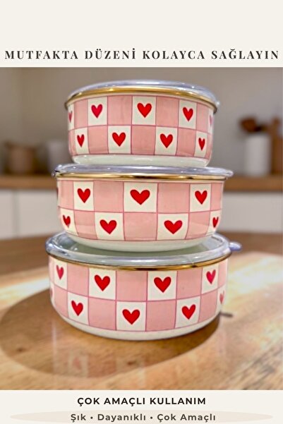 Emparlahome Enamel Storage Container Heart Pink (12Cm-14Cm-16Cm)