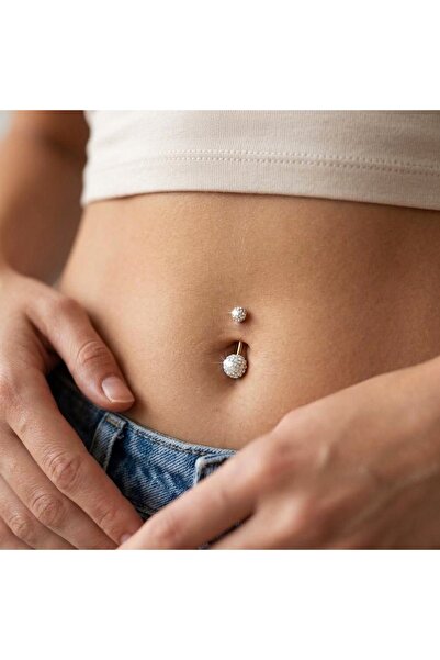 Heppii Taşlı Uçlu 316 L Çelik Gold Göbek Piercingi Gold Minimal Taşlı