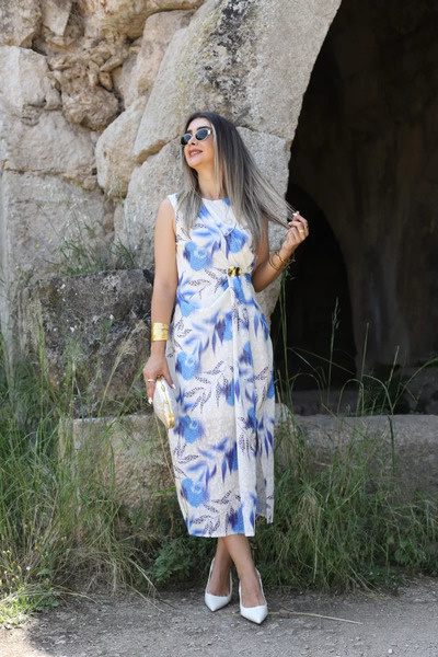 bytugcekaya Mavi Tül Orjin Sıfır Kol Drapeli Tokalı Elbise