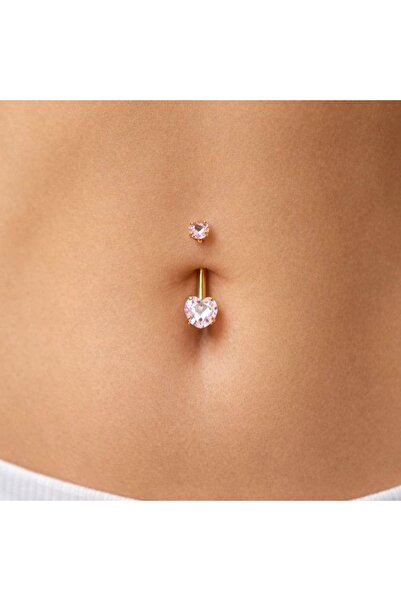 Heppii 316 L Çelik Zirkon Pembe Taşlı Kalp Göbek Piercingi Taşlı Kalpli Minim...