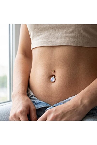 316 L Steel Gold Belly Piercing with Hologram Reflection Gold Minimal