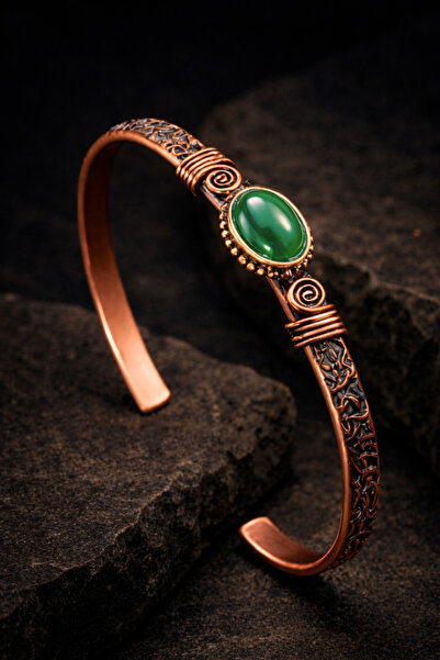 İyyaKee Erkek Bakır Bileklik Doğal Yeşil Akik Taşı Kadın Kelepçe Bilezik