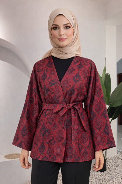 bellura Baskılı Beli Kemerli Kapitone Kimono