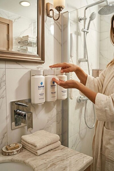 Hyd Kilitli Mekanizmalı Modern 12 Adet 3'lü Banyo Seti 400ml Aparatlı Plastik Şişe Otel Buklet Malzemesi