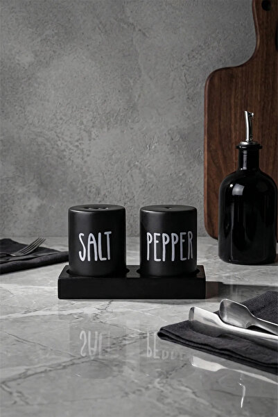 AzzaWood طقم ملح وفلفل أسود غير لامع - مع حامل خشبي أسود