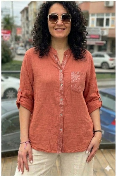 AYASOFYA OTANTIK Γυναικείο ιταλικό πουκάμισο από λινό 100% βαμβάκι με λεπτομέ...