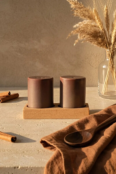 AzzaWood طقم شاكرات ملح وفلفل من السيراميك غير اللامع مع حامل من الخشب الطبيعي