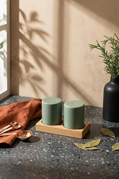 AzzaWood طقم وعاء ملح وفلفل سيراميك - أخضر مطفأ اللمعة - مع حامل خشبي طبيعي