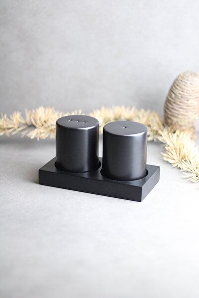 AzzaWood طقم وعاء ملح وفلفل من السيراميك - أسود مطفي، مع حامل خشبي أسود