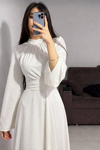 PERADO İspanyol Kol Beli Dolamalı Saten Abiye Elbise