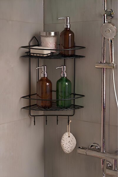 Sas Haus Organizator de colț pentru baie cu adeziv negru, suport pentru șampo...