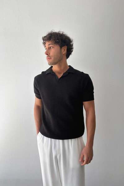 Flaw Wear Ajurlu Patlı Triko Polo Yaka Tişört Siyah