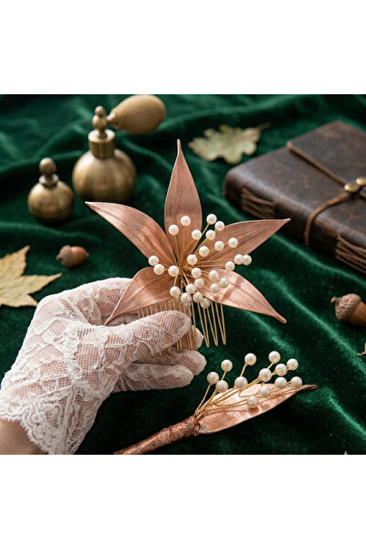 Mirnova Çiçek Model Rosegold Gelin Tokası ve Damat Yaka Çiçeği-Gelin Tokası-T...