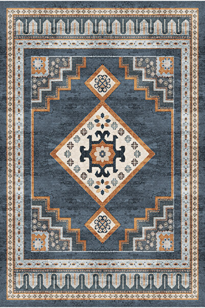 kilim home Антрацитен килим за всекидневна с геометричен медальон и неплъзгащ...