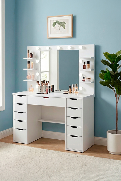 Hollywood Led Light 6 Shelves Mirror 11 Drawer Vanity Table With Diva Jewelry Organizer Plain White