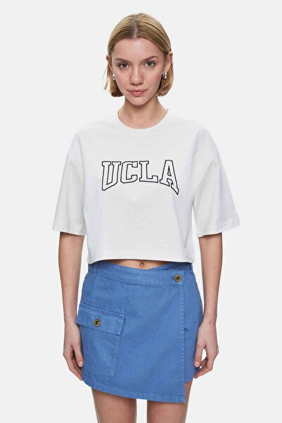UCLA HELENA Tricou de damă oversize cu decolteu rotund, cu broderie, bej