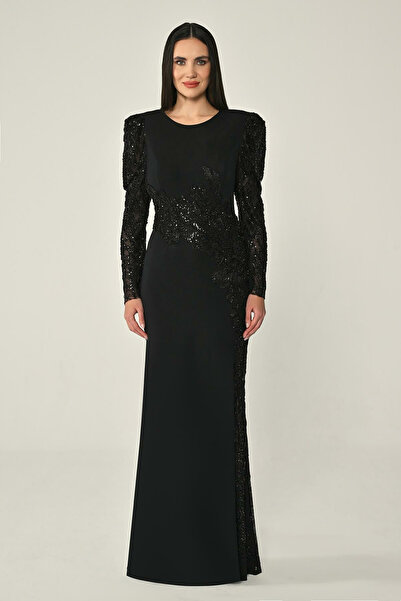 ALFABETA فستان سهرة طويل من كريب مزين بالترتر، بأكمام وخصر شق من تصميم ألفا بيتا