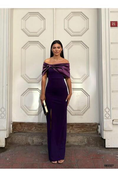 Modafeminen Esnek Parlak Saten Yaka Pile Fiyonk Detaylı Yırtmaçlı Abiye Elbis...