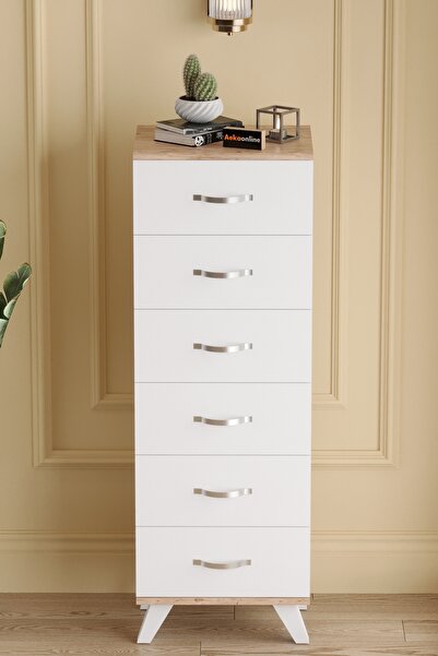 AEKA AE-3038 Belinda 6 Çekmeceli Beyaz Şifonyer Komodin 132*45*36 cm