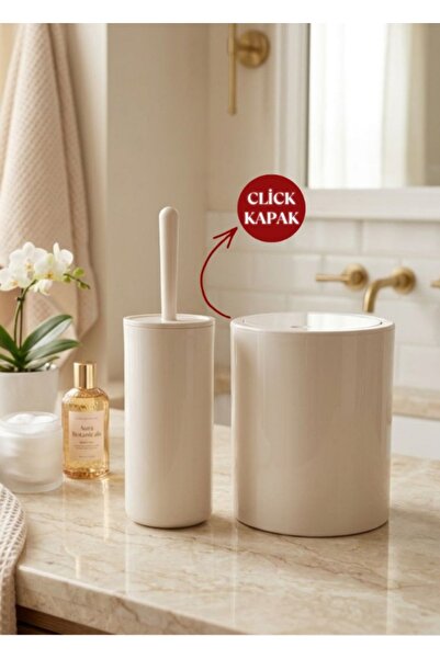 Okyanus Home Bej Click Kapak Yuvarlak 2'li Wc Kova ve Fırça Seti