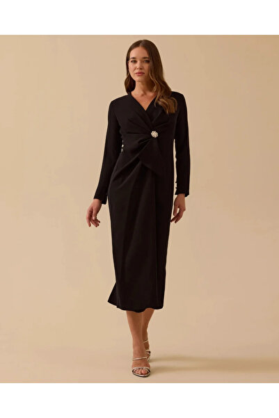 SEÇİL YENİ KADIN taş detaylı drapeli midi boy şık elbise 30002521318003