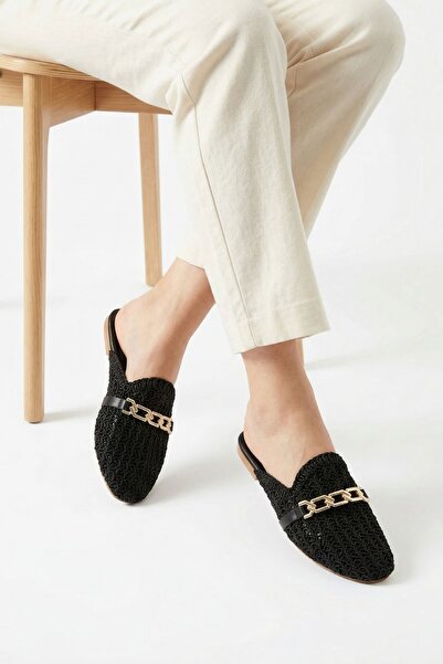 Rays Ψάθινες Παντόφλες με Λεπτομέρεια Αλυσίδας - 7030 Μαύρο