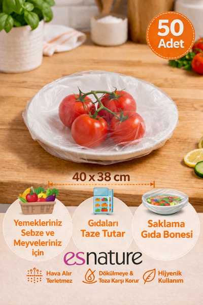 esnature Streç Lastikli Buzdolabı Poşeti Tabak Tencere Gıda Saklama Bonesi 50...