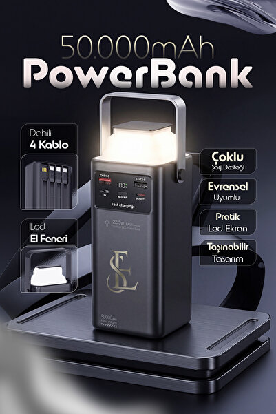 EN SİGA Güçlü Powerbank 50.000 mAh Ultra Led Aydınlatmalı Taşıma Askı Hızlı Ş...