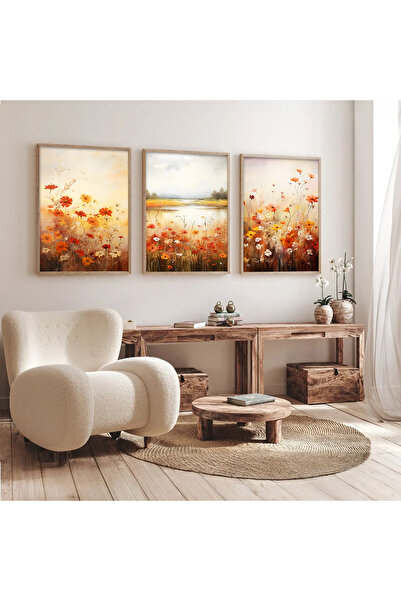 Dekorsiahome 3 Parça Ahşap Çerçeveli Oturma Odası Salon Mutfak Tablo Seti SET...